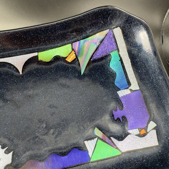 Hand Made Dichroic Art Glass Fused Iridescent Finish Curved Footed Bowl Dish VTG - Picture 16 of 16